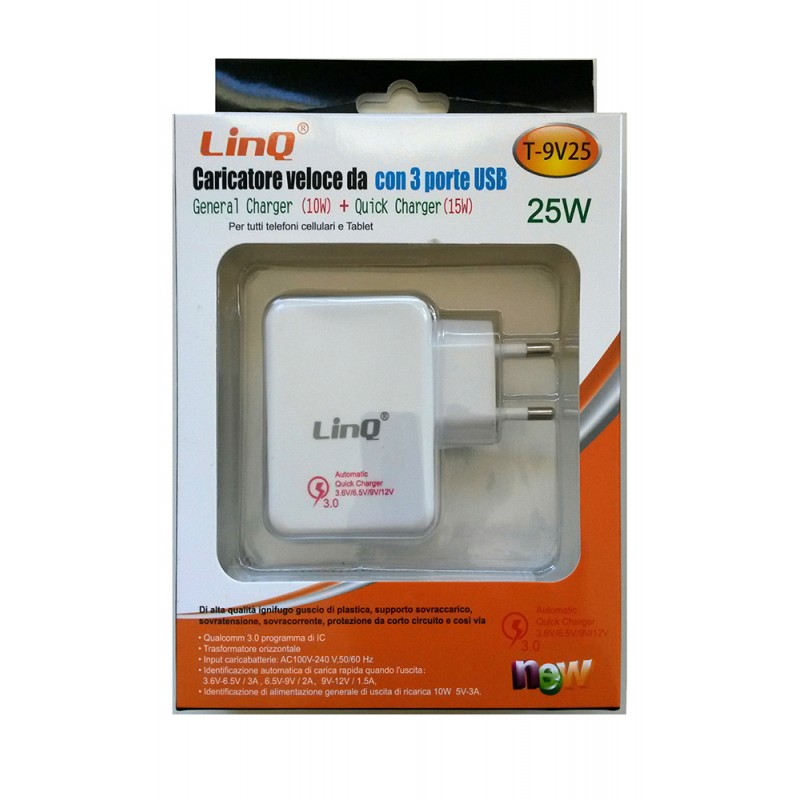 Cargador rápido con 3 puertos USB linQ T-9V25 25W 