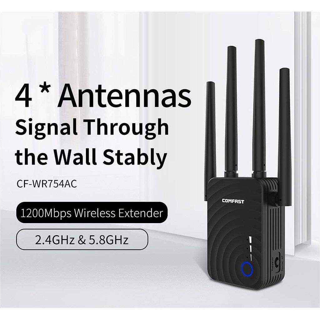 Repetidor 1200Mbps COMFAST CF-WR754AC WiFi Range Extender 2.4/5 GHz de Doble Banda Repetidor Amplificador de señal con 4 Antenas Ethernet